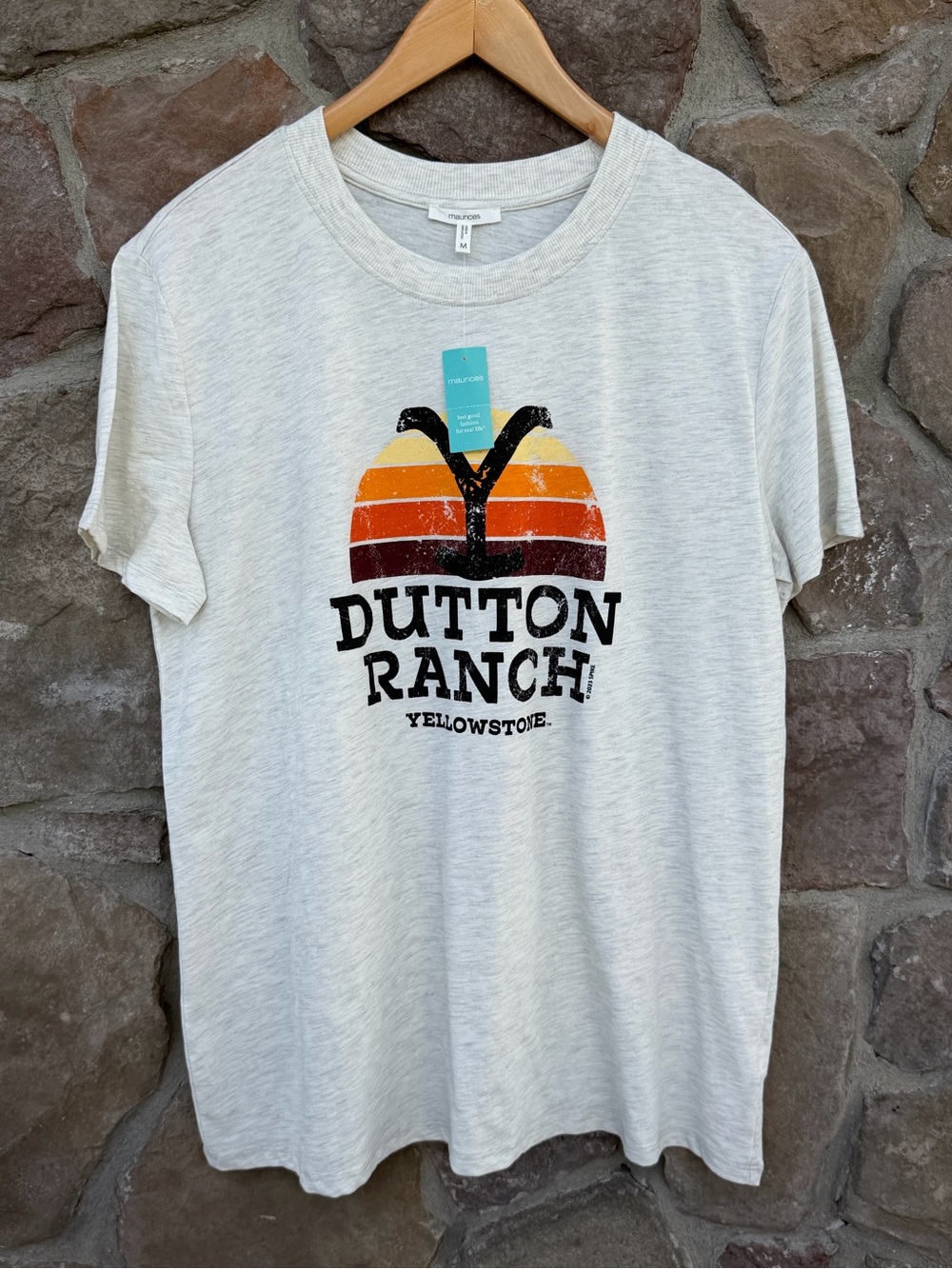 Maurices Cream Grey Dutton Ranch Graphic Tee with Yellow Stone Logo